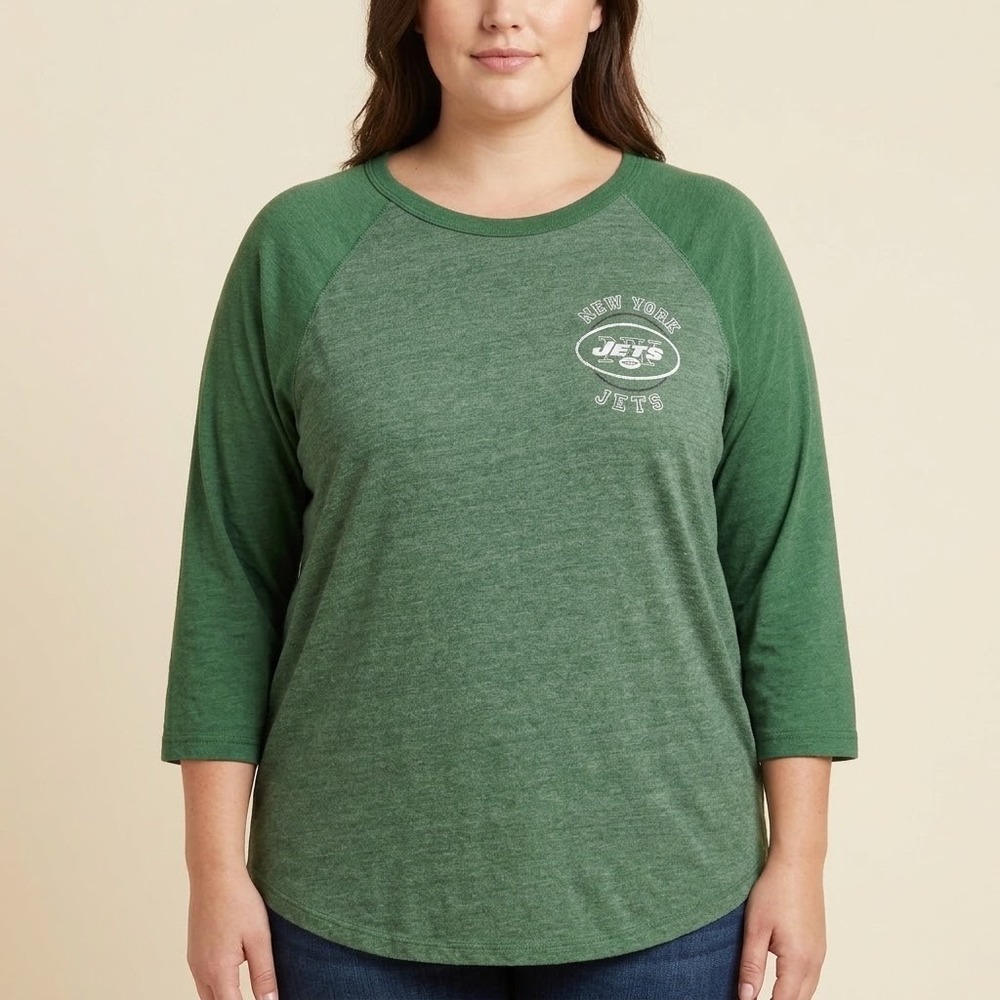 Junk Food New York Jets Raglan Baseball Shirt Womens XL Green Graphic 3/4 Sleeve
